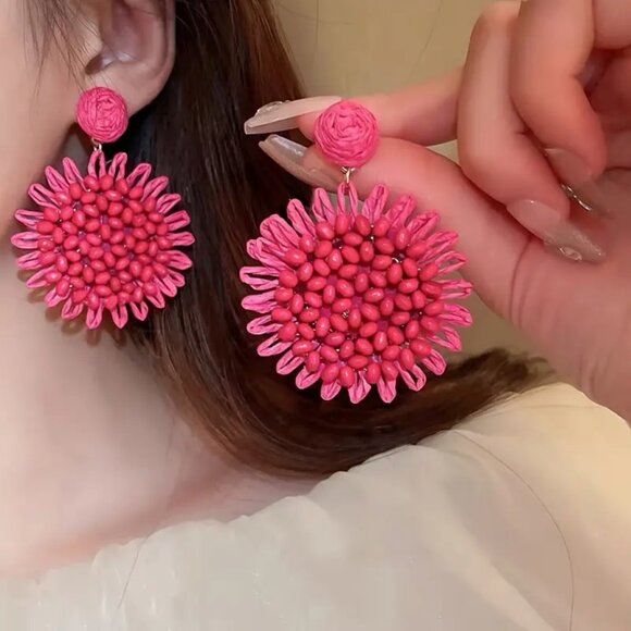 NEW! BOHO Raffia & BEADED SUNFLOWER Earrings - Picture 2 of 4